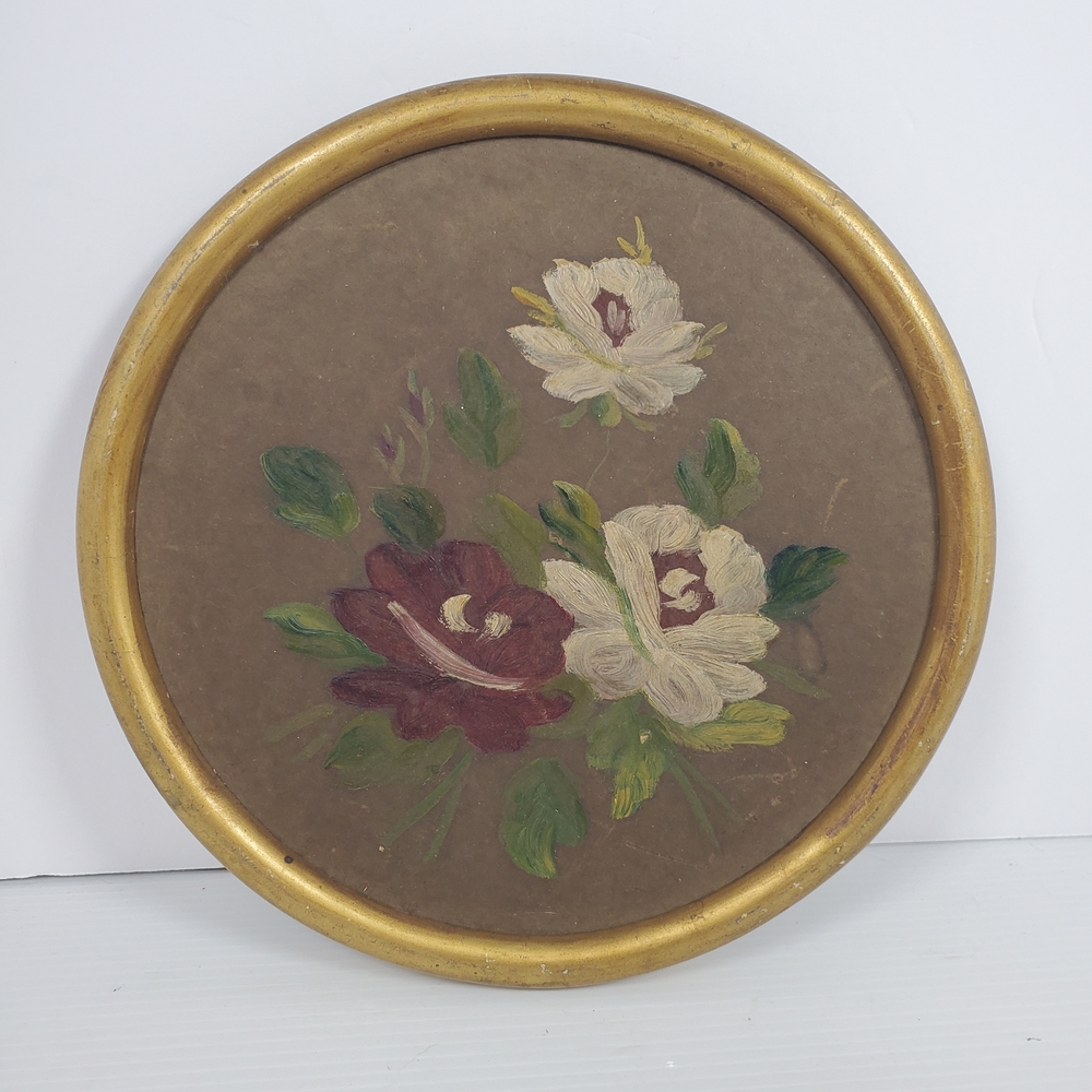 Antique 1920s Floral Oil‎ Painting Round Gilt Frame Roses Canadian Weekes Studio